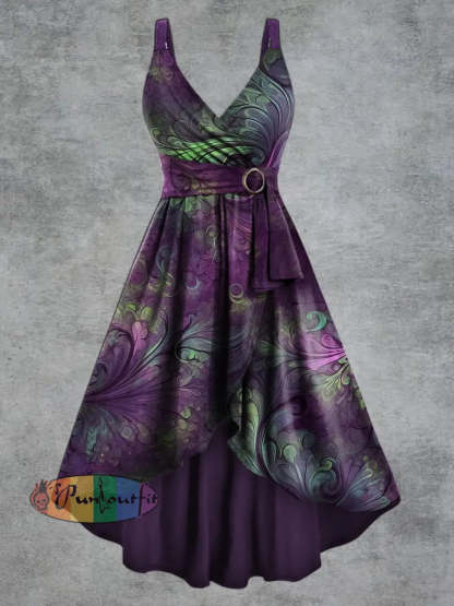 Women’s Psychedelic Print V neck Belt Camisole Dress Purple / S