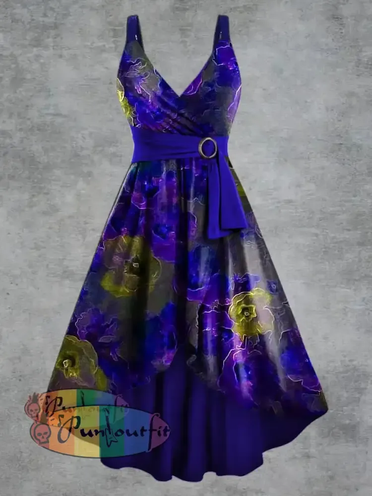 Women’s Psychedelic Print V neck Belt Camisole Dress Purple / S