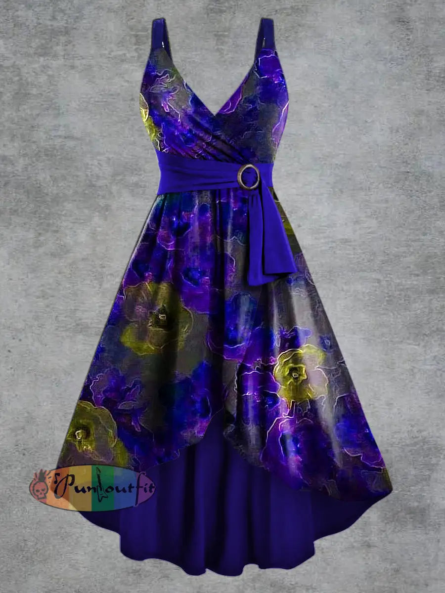 Women’s Psychedelic Print V neck Belt Camisole Dress Purple / S