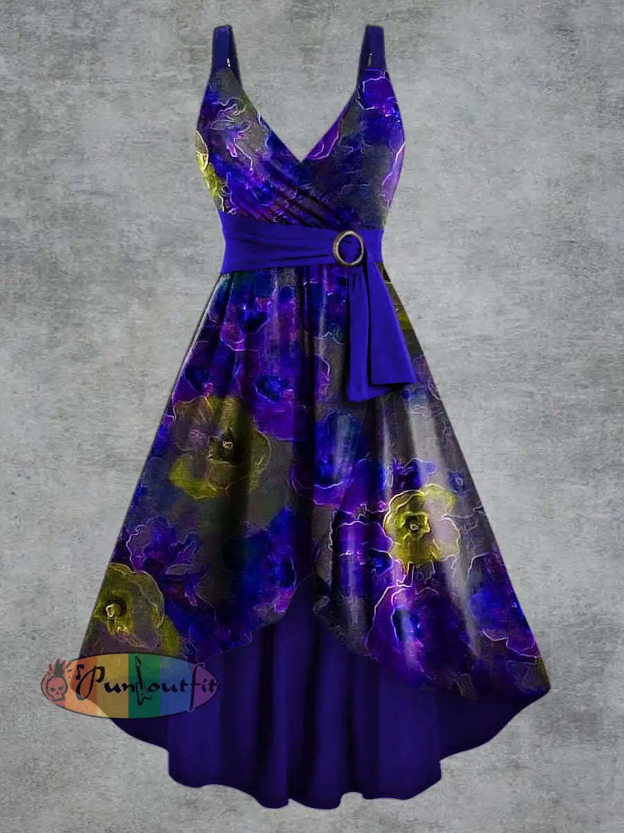 Women’s Psychedelic Print V neck Belt Camisole Dress Purple / S