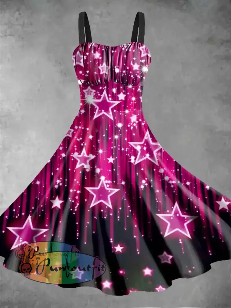 Women’s Psychedelic Star Printed Sleeveless Dress Black Pink / S