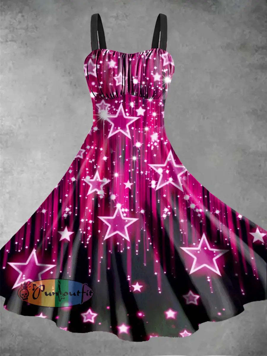 Women’s Psychedelic Star Printed Sleeveless Dress Black Pink / S