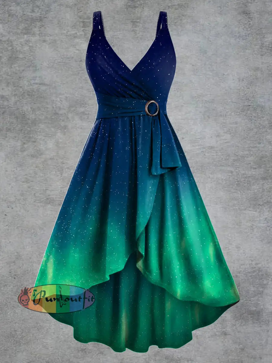 Women’s Psychedelic Starry Sky Print V neck Belt Camisole Dress Blue Green / S