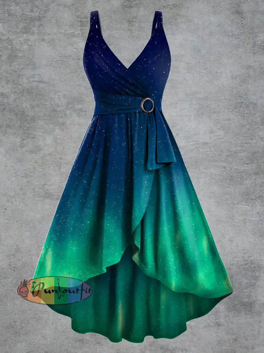 Women’s Psychedelic Starry Sky Print V neck Belt Camisole Dress Blue Green / S