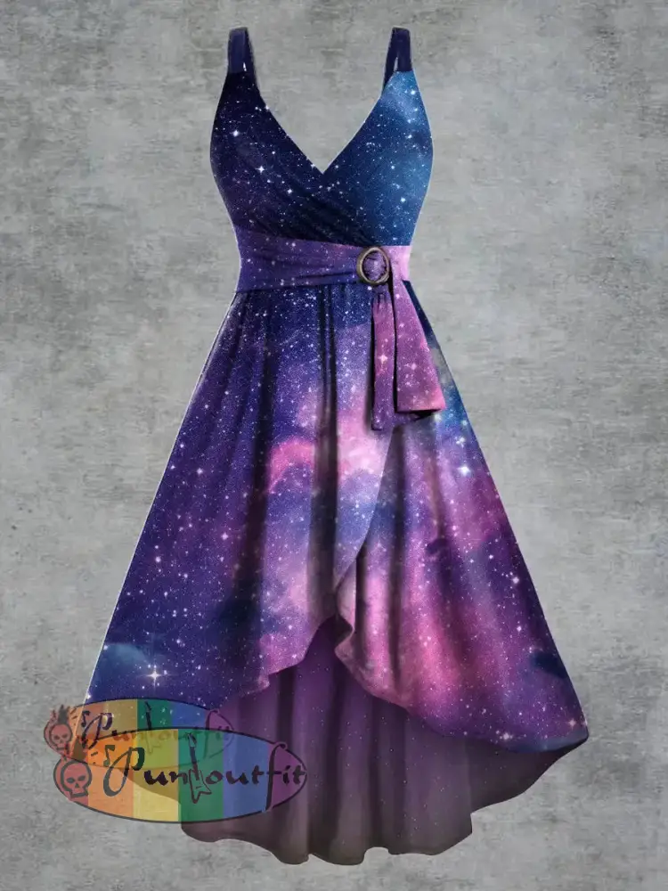 Women’s Psychedelic Starry Sky Print V neck Belt Camisole Dress Multicolour / S