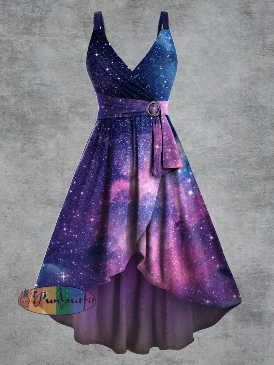 Women’s Psychedelic Starry Sky Print V neck Belt Camisole Dress Multicolour / S