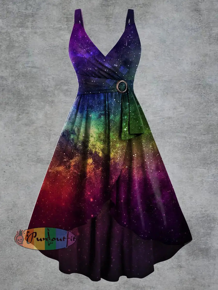 Women’s Psychedelic Starry Sky Print V neck Belt Camisole Dress Multicolour / S