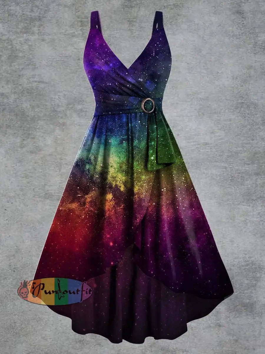 Women’s Psychedelic Starry Sky Print V neck Belt Camisole Dress Multicolour / S