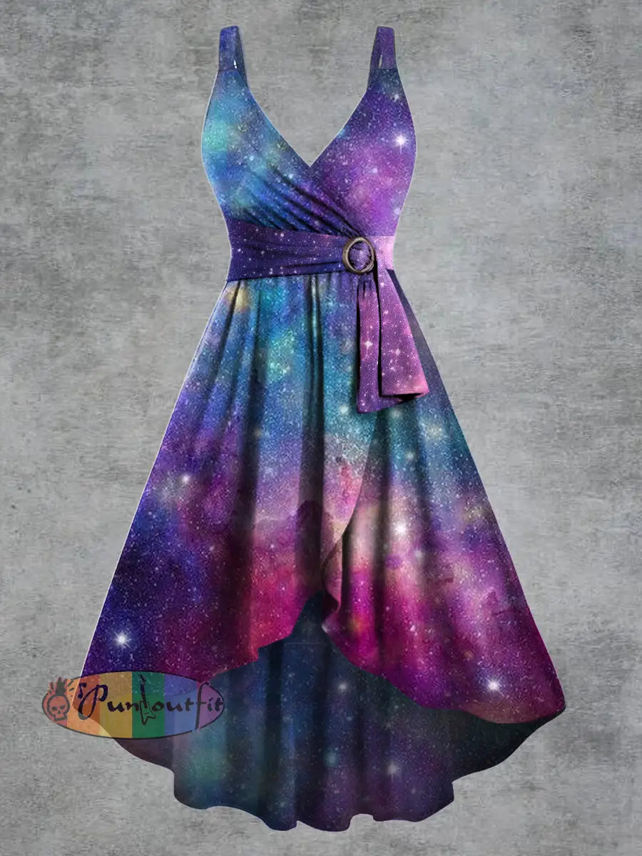 Women’s Psychedelic Starry Sky Print V neck Belt Camisole Dress Multicolour / S