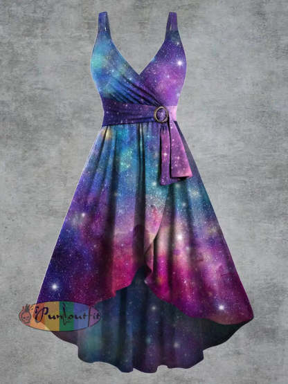 Women’s Psychedelic Starry Sky Print V neck Belt Camisole Dress Multicolour / S