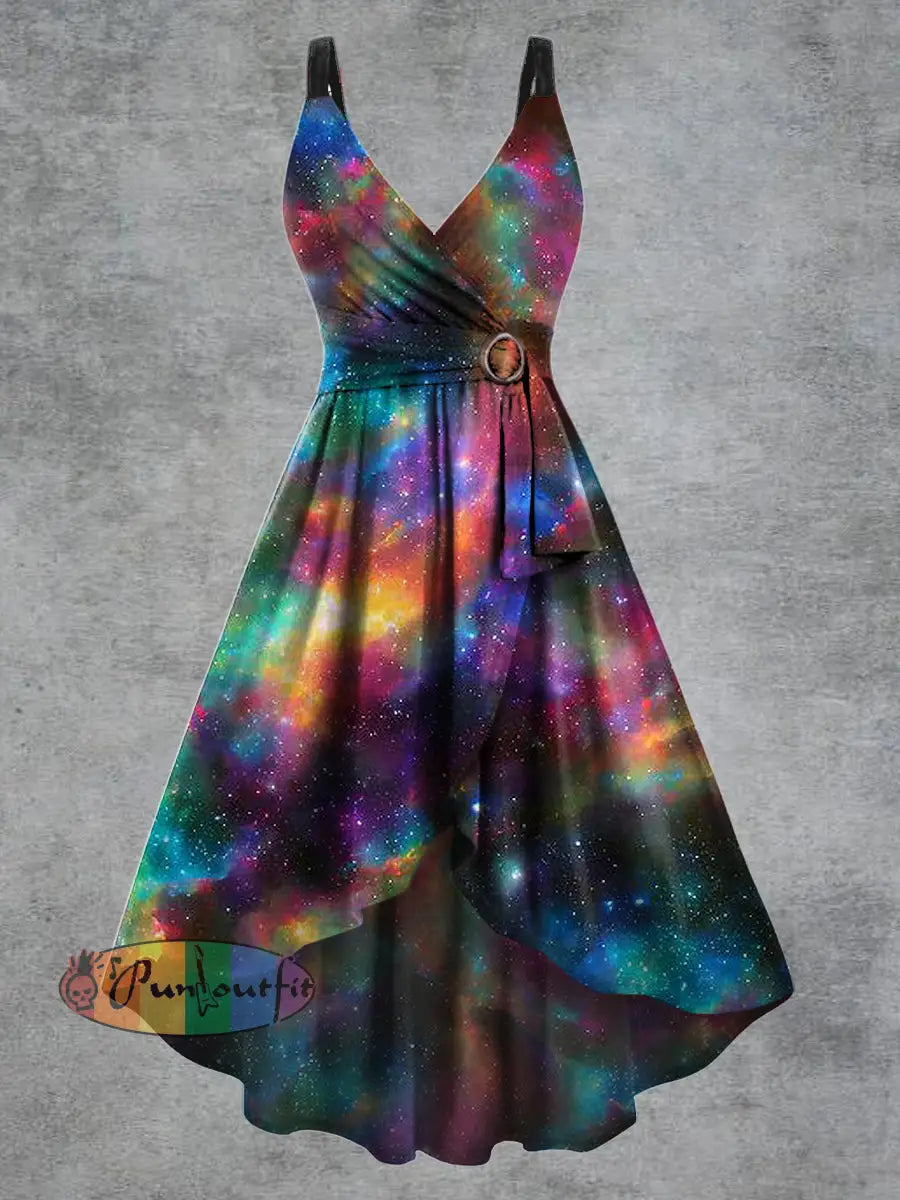 Women’s Psychedelic Starry Sky Print V neck Belt Camisole Dress Multicolour / S
