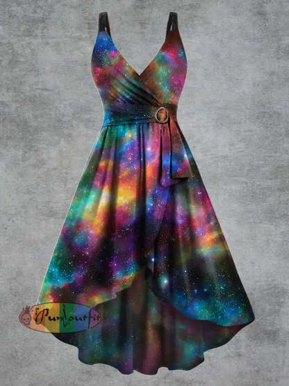 Women’s Psychedelic Starry Sky Print V neck Belt Camisole Dress Multicolour / S