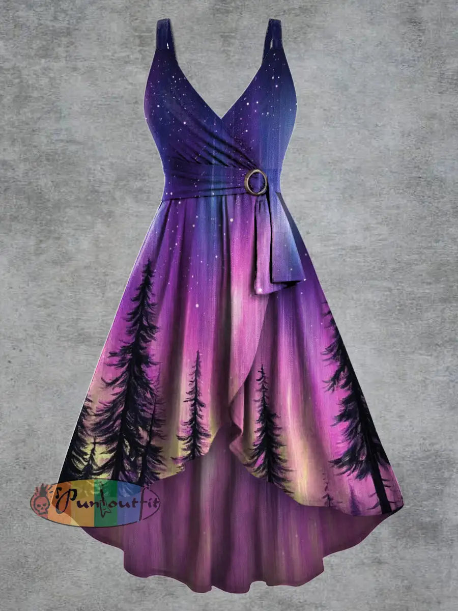 Women’s Psychedelic Starry Sky Print V neck Belt Camisole Dress Multicolour / S