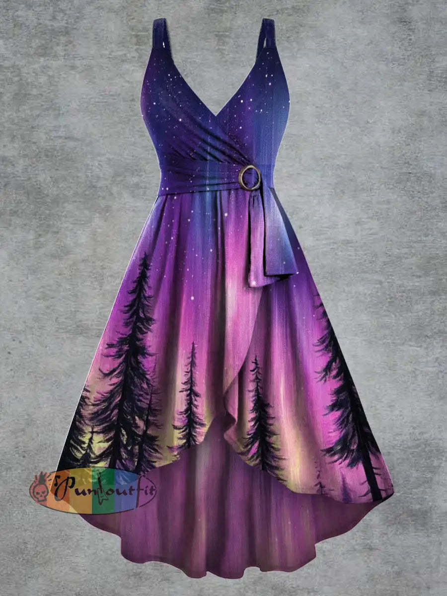 Women’s Psychedelic Starry Sky Print V neck Belt Camisole Dress Multicolour / S