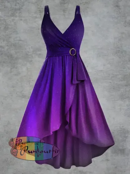 Women’s Psychedelic Starry Sky Print V neck Belt Camisole Dress Multicolour / S