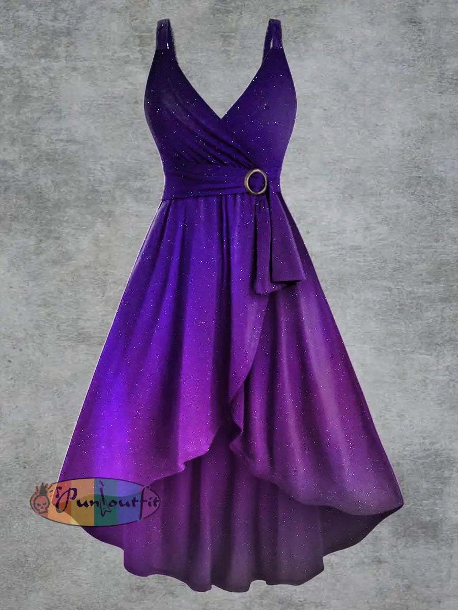 Women’s Psychedelic Starry Sky Print V neck Belt Camisole Dress Multicolour / S