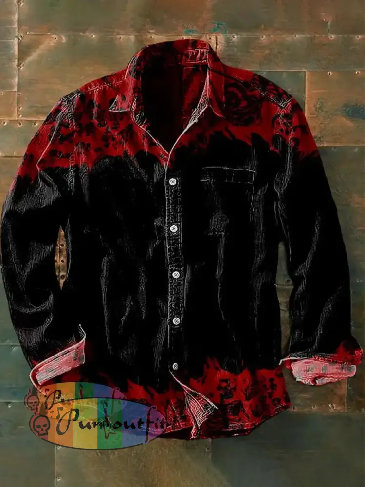 Women’s Punk Creative Gradient Red Skulls Print Strappy Sleeveless Mini Dress Long Sleeve Shirt-2 / S
