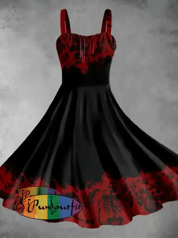 Women’s Punk Creative Gradient Red Skulls Print Strappy Sleeveless Mini Dress Dress / S