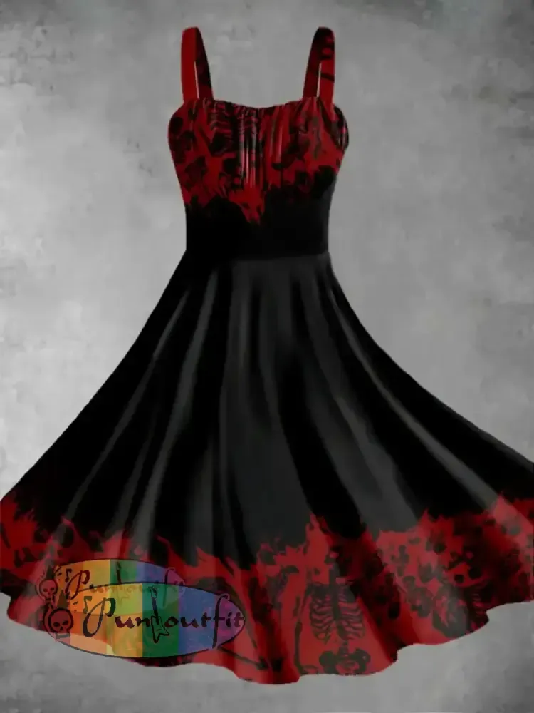 Women’s Punk Creative Gradient Red Skulls Print Strappy Sleeveless Mini Dress Dress / S