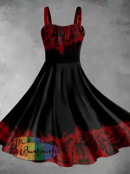 Women’s Punk Creative Gradient Red Skulls Print Strappy Sleeveless Mini Dress Dress / S