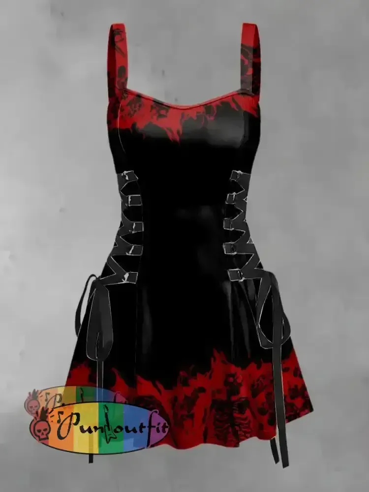 Women’s Punk Creative Gradient Red Skulls Print Strappy Sleeveless Mini Dress / S