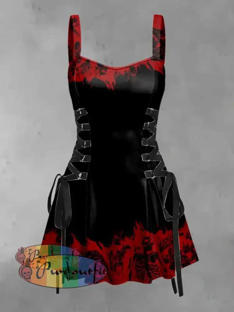 Women’s Punk Creative Gradient Red Skulls Print Strappy Sleeveless Mini Dress / S