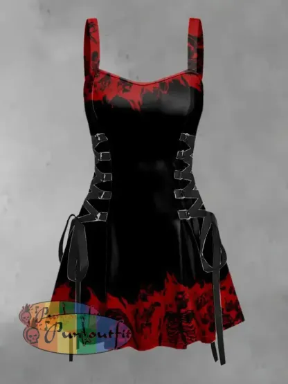 Women’s Punk Creative Gradient Red Skulls Print Strappy Sleeveless Mini Dress / S