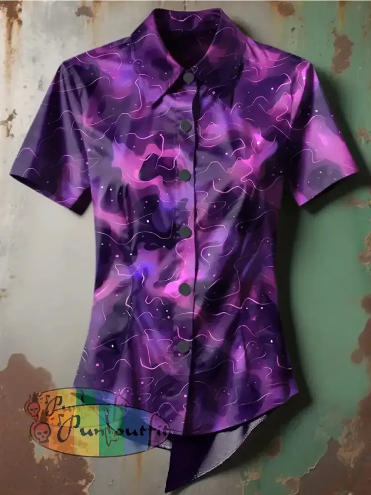Women’s Retro Gothic Stage Fade to Purple Ripples Printed Casual Short Sleeve Irregular Shirt Purple / S