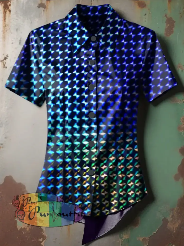 Women’s Retro Gothic Stage Gradient Multicoloured Checkerboard Printed Casual Short Sleeve Irregular Shirt Blue / S