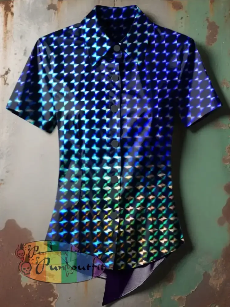 Women’s Retro Gothic Stage Gradient Multicoloured Checkerboard Printed Casual Short Sleeve Irregular Shirt Blue / S
