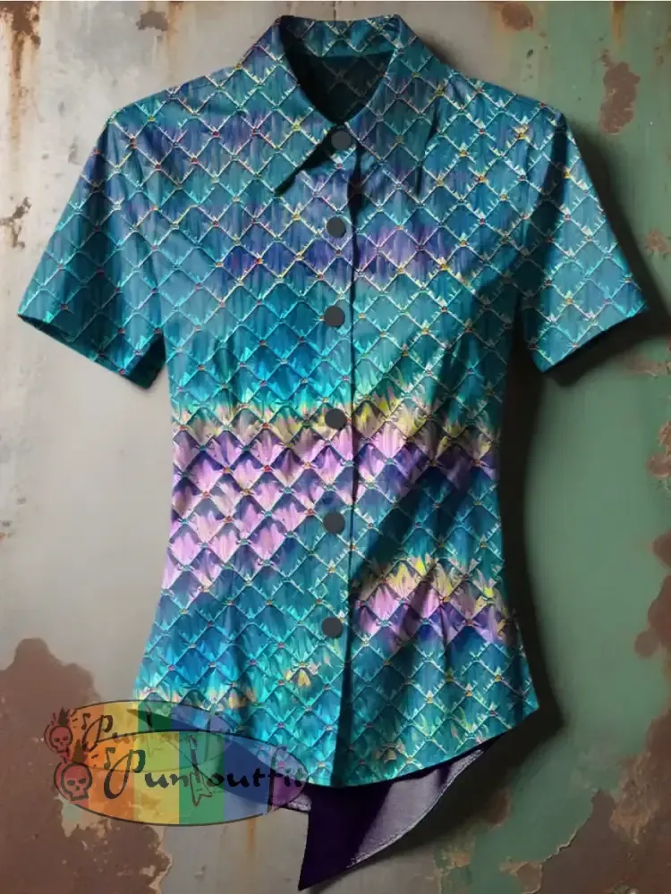 Women’s Retro Gothic Stage Gradient Multicoloured Diamond Pattern Printed Casual Short Sleeve Irregular Shirt Green / S