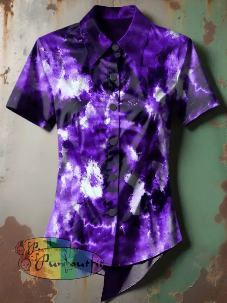Women’s Retro Gothic Stage Gradient Purple Printed Casual Short Sleeve Irregular Shirt Purple / S