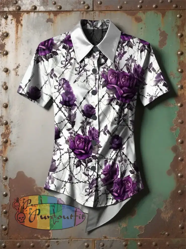Women’s Retro Halloween Gothic Gradient Floral Printed Casual Short Sleeve Irregular Shirt Purple / S