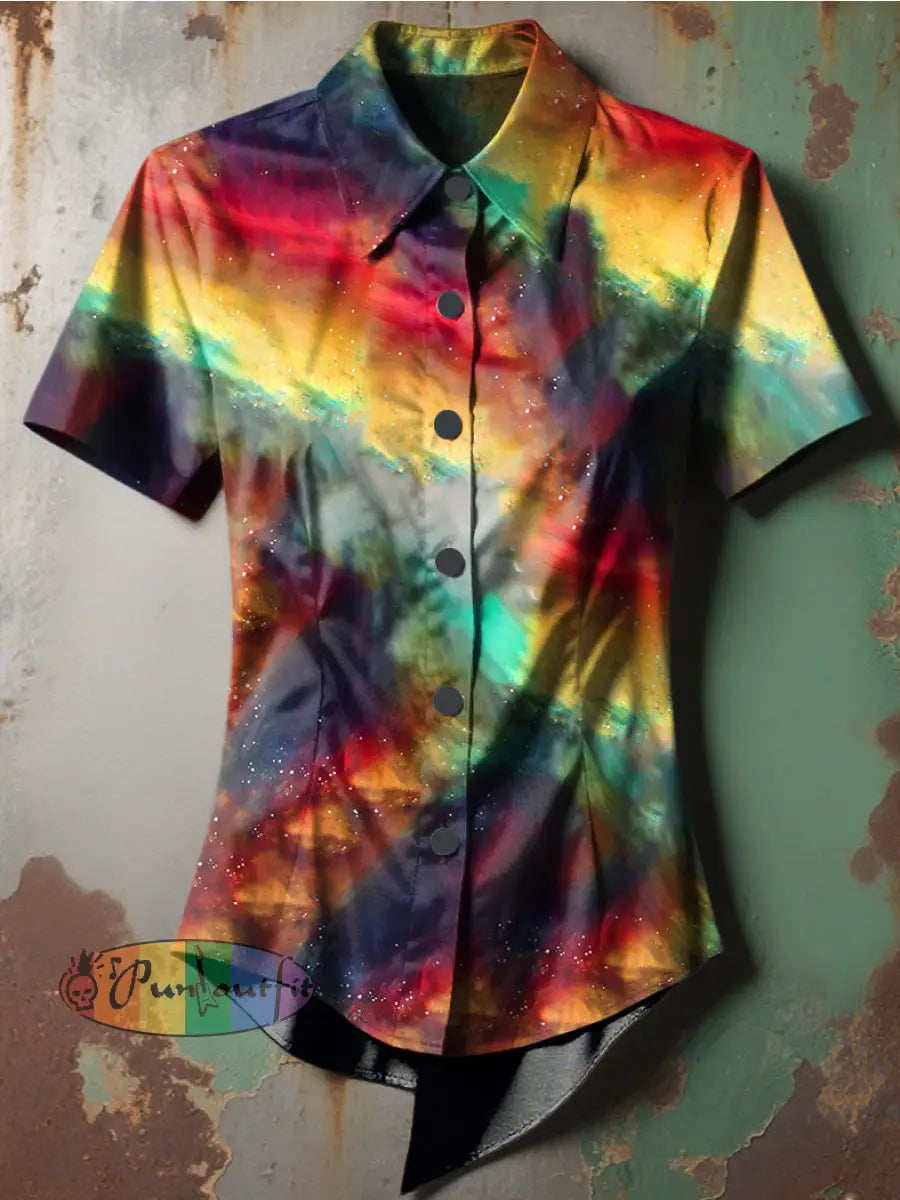 Women’s Retro Punk Gothic Multicolored Psychedelic Printed Casual Short Sleeve Irregular Shirt As picture / S