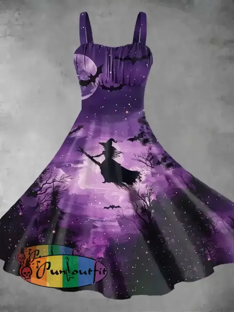 Women’s Retro Punk Halloween Witch Moon Gradient Print Midi Dress Purple / S