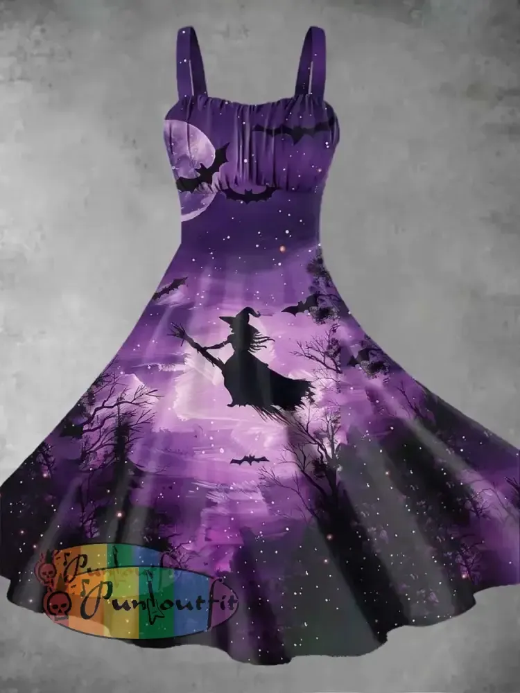 Women’s Retro Punk Halloween Witch Moon Gradient Print Midi Dress Purple / S