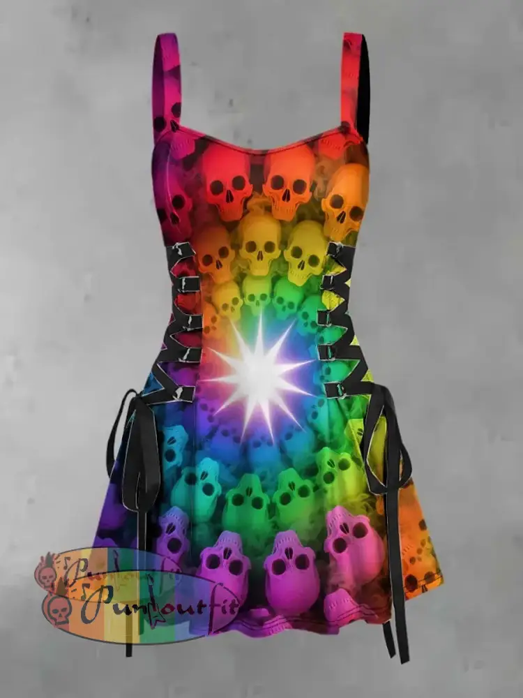 Women’s Retro Punk Hippie Colorful Skull Print Strappy Sleeveless Strappy Mini Dress Multicolour / S