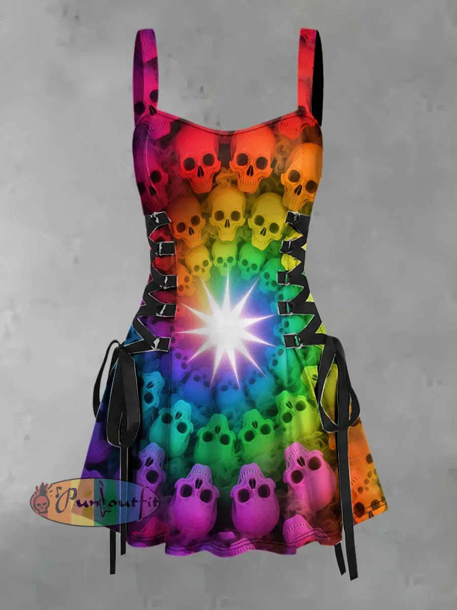 Women’s Retro Punk Hippie Colorful Skull Print Strappy Sleeveless Strappy Mini Dress Multicolour / S