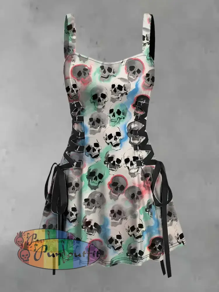 Women’s Retro Punk Hippie Colorful Skull Print Strappy Sleeveless Strappy Mini Dress Multicolour / S