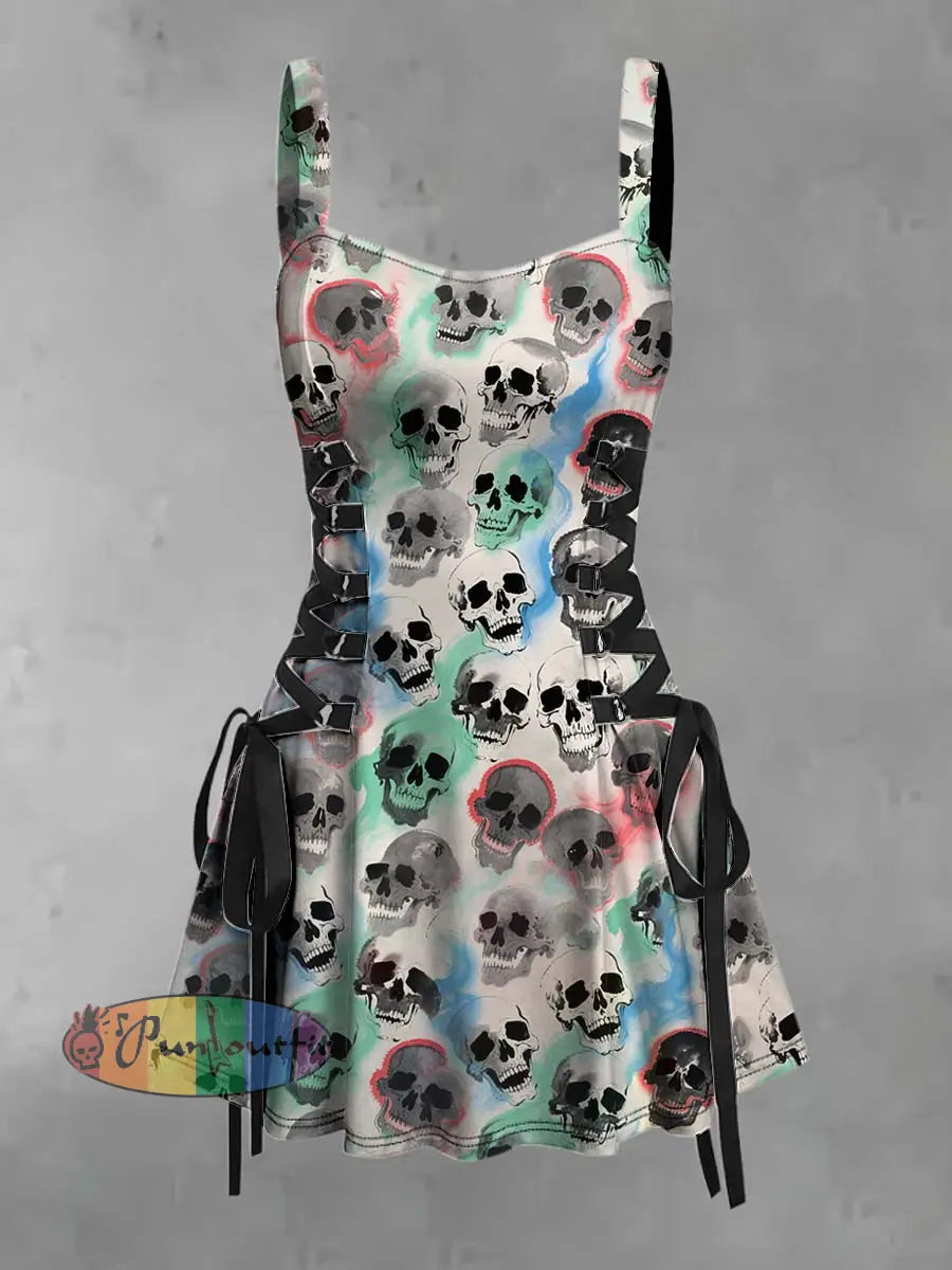 Women’s Retro Punk Hippie Colorful Skull Print Strappy Sleeveless Strappy Mini Dress Multicolour / S