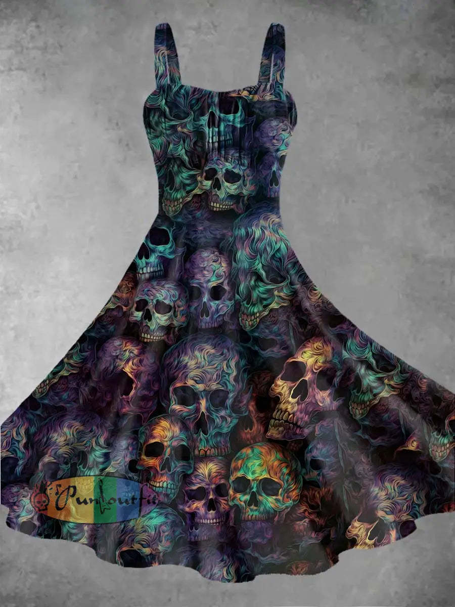 Women’s Retro Punk Psychedelic Multicolor Smoke Skull Print Midi Dress Multicolour / S