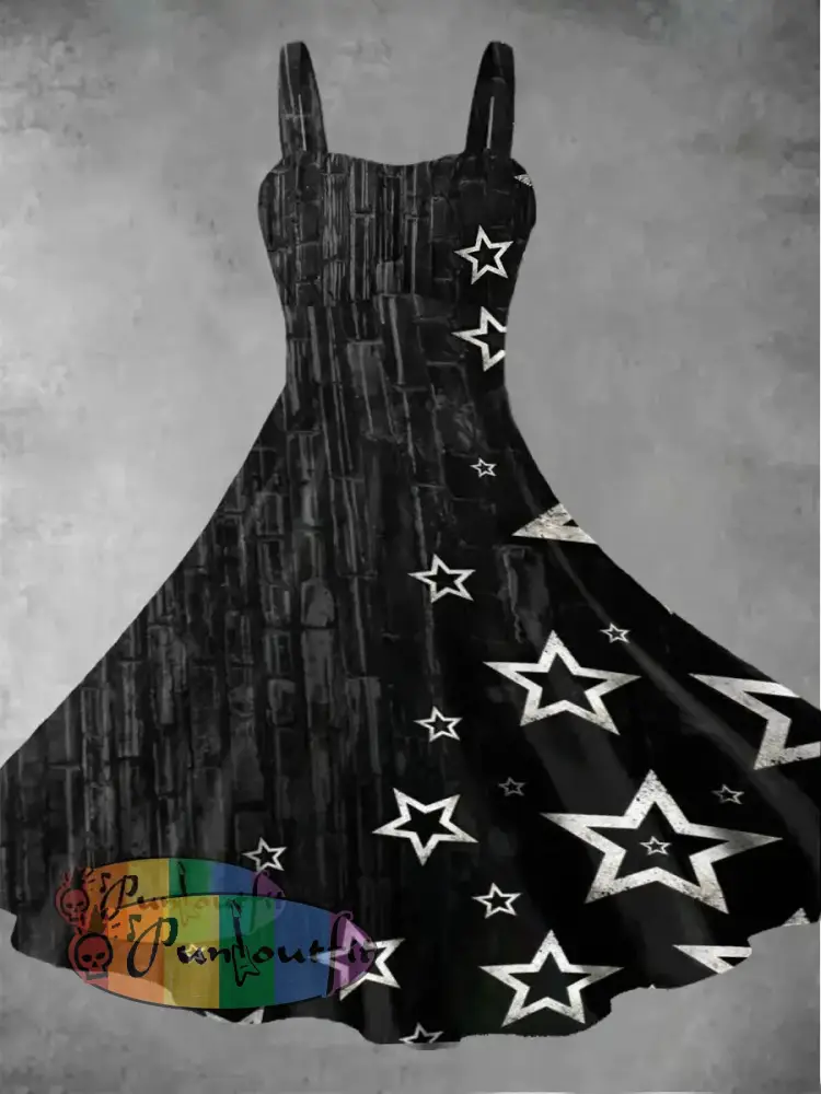 Women’s Retro Star Printed Casual And Fashionable Sleeveless Dress Black / S