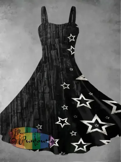 Women’s Retro Star Printed Casual And Fashionable Sleeveless Dress Black / S