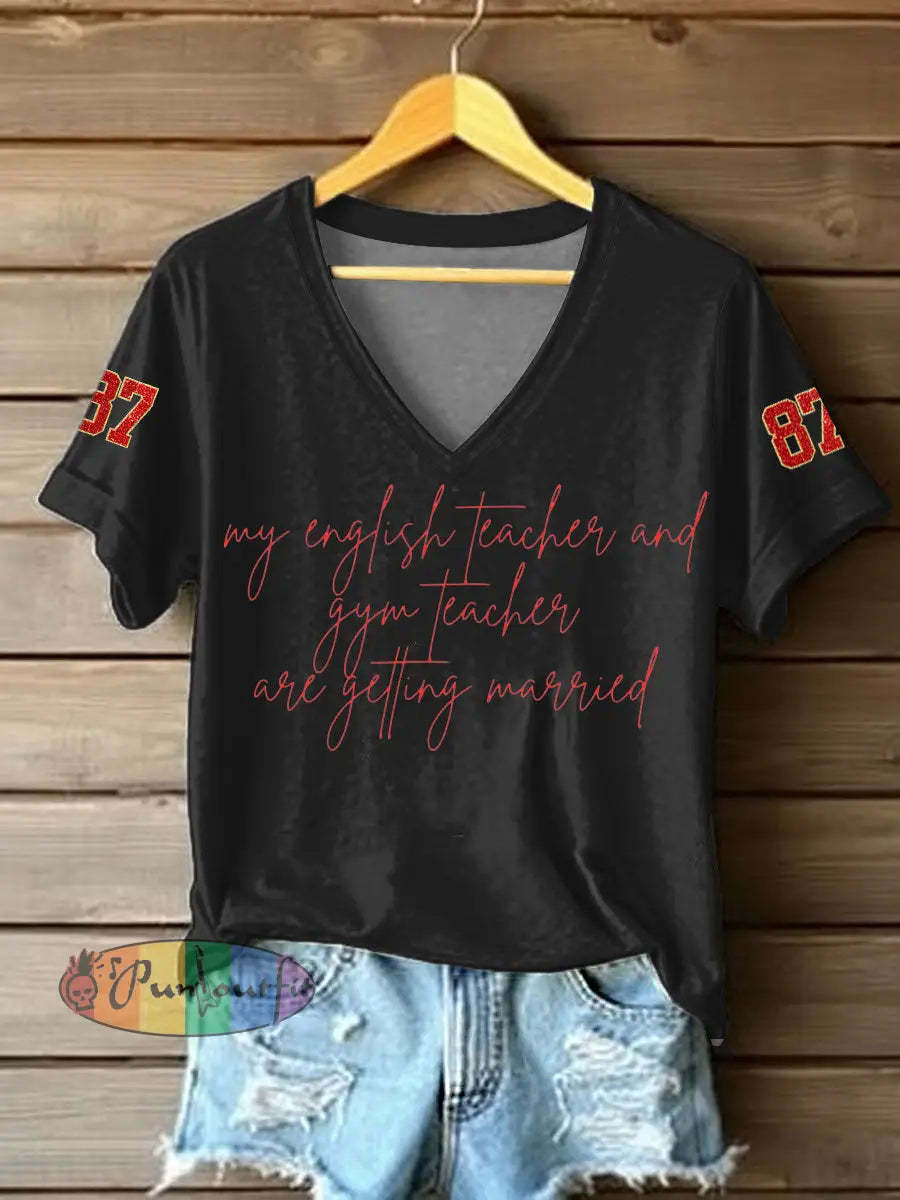 Women’s Taylor Swift and Travis Kelce Engagement short sleeved T shirt Black / S