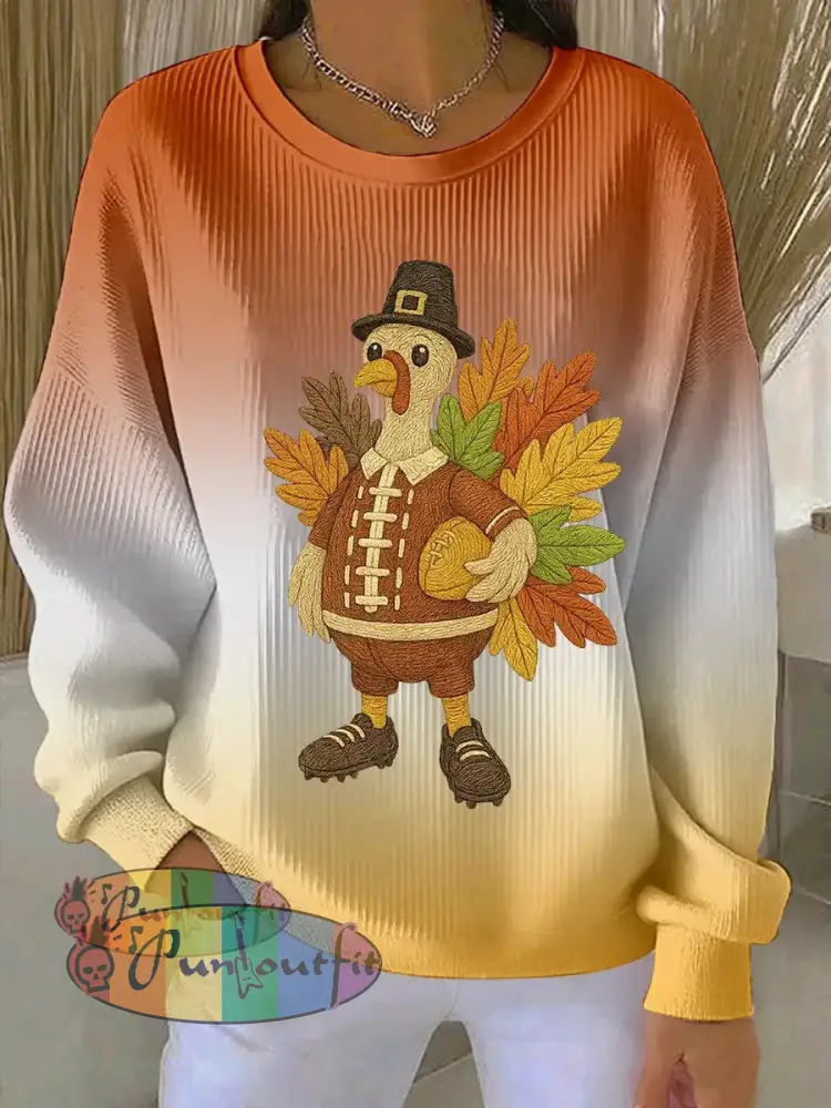 Women’s Thanksgiving Turkey Football Print Sweatshirt Orange / S