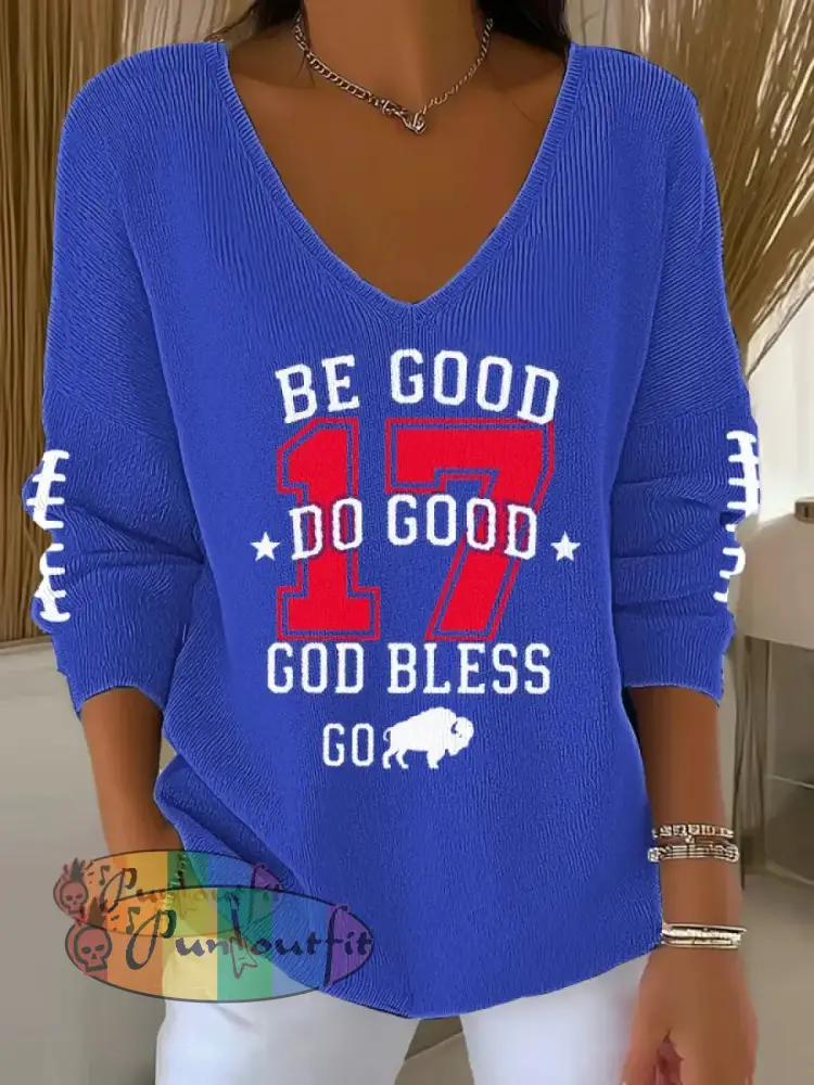 Women’s V-Neck Football Fans Lovers Gameday Casual Ribbed Top Blue / S