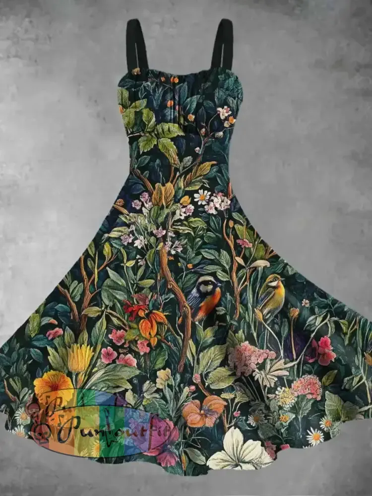 Women’s Vintage Birds In The Forest Printed Sling Dress Green / S