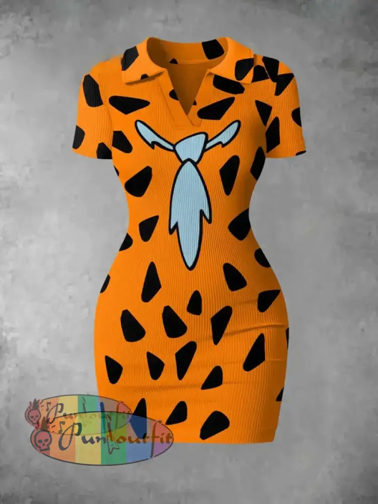 Women’s Vintage Cartoon Stone Caveman Costume Print Ribbed Bodycon Mini Dress Colorful / S