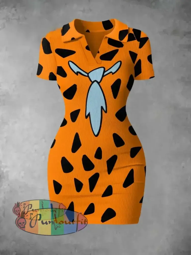 Women’s Vintage Cartoon Stone Caveman Costume Print Ribbed Bodycon Mini Dress Colorful / S