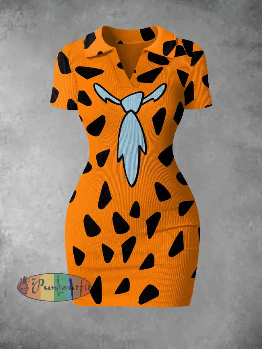 Women’s Vintage Cartoon Stone Caveman Costume Print Ribbed Bodycon Mini Dress Colorful / S
